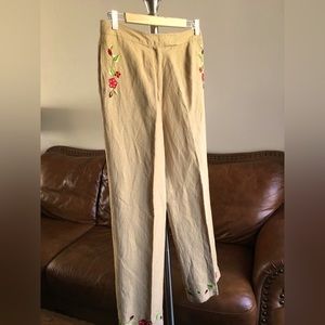 Annie Alexander Embroidered Linen Blend Tan Trousers Size 8